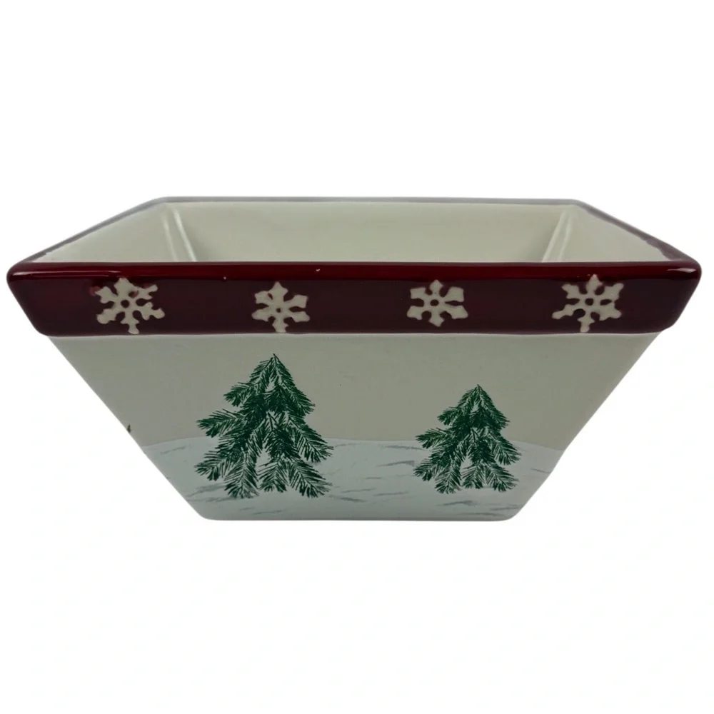 ST NICHOLAS Square “Yuletide” Snowman Square Ceramic Dish Red/Cream/Green EUC